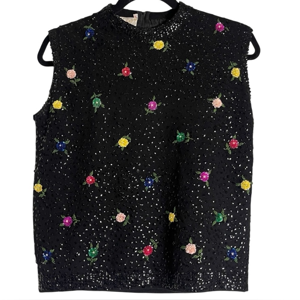 Vintage Cyn Les Wool Sleeveless Floral Sequined Floral Black Sweater — Size 38